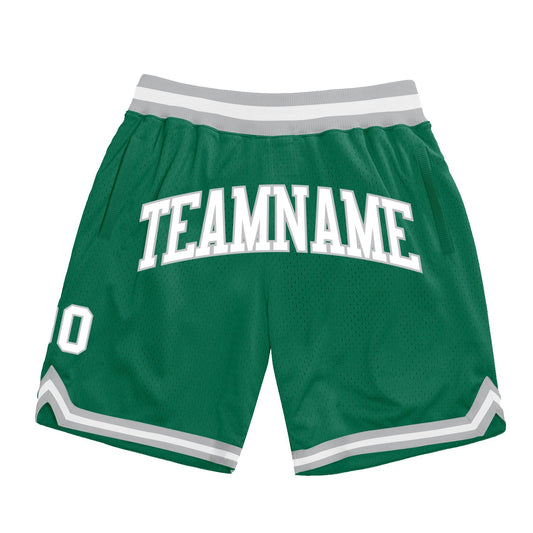 Custom Kelly Green White-Gray Authentic Throwback Basketball Shorts - Main View