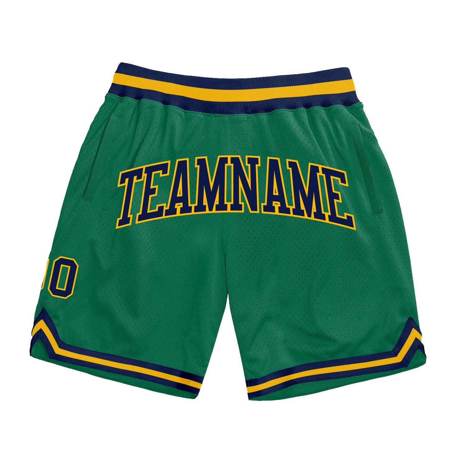 Custom Kelly Green Navy-Gold Authentic Throwback Basketball Shorts - Main View