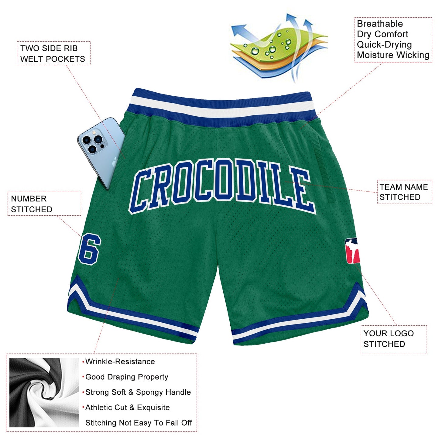 Custom Kelly Green Royal-White Authentic Throwback Basketball Shorts view 2