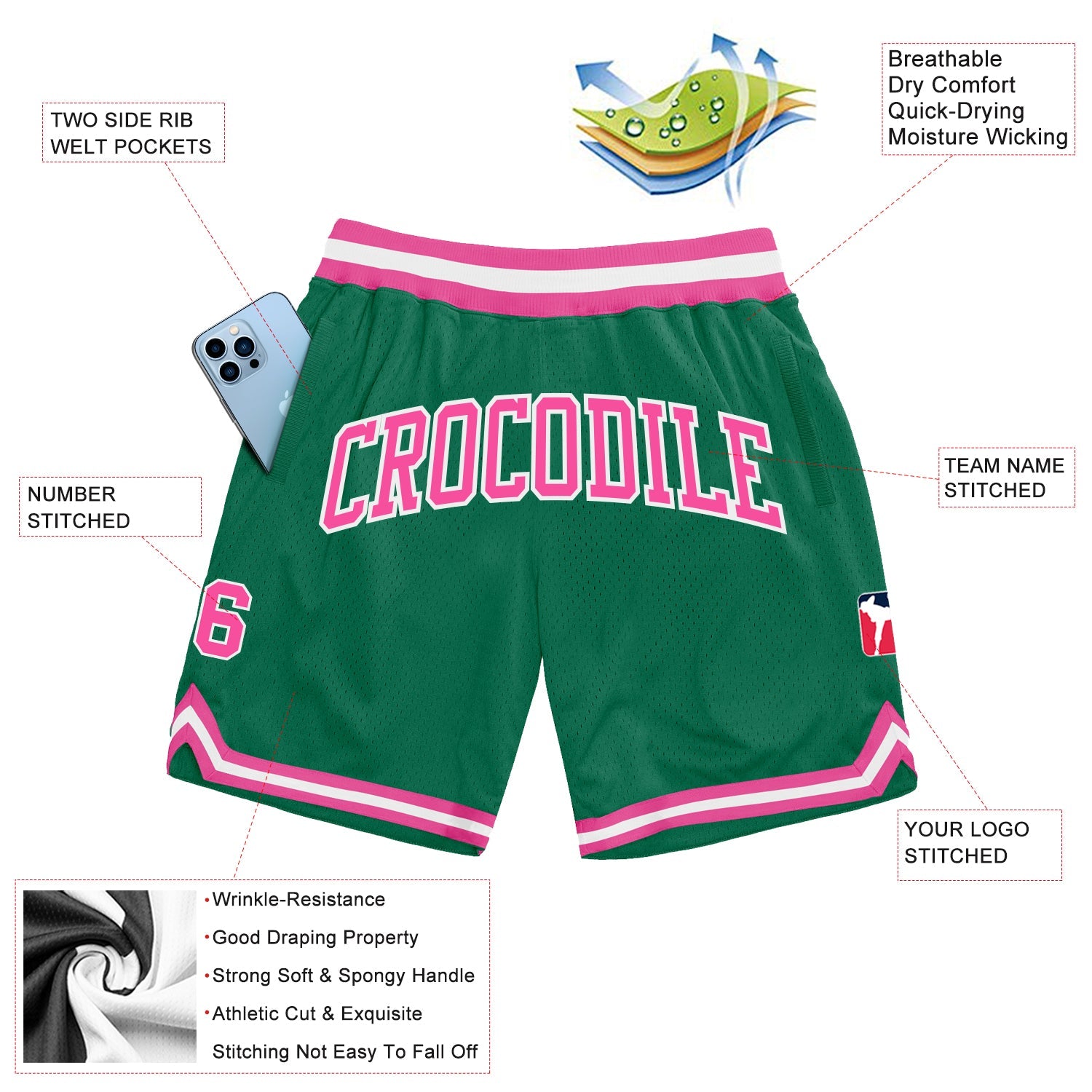 Custom Kelly Green Pink-White Authentic Throwback Basketball Shorts view 2