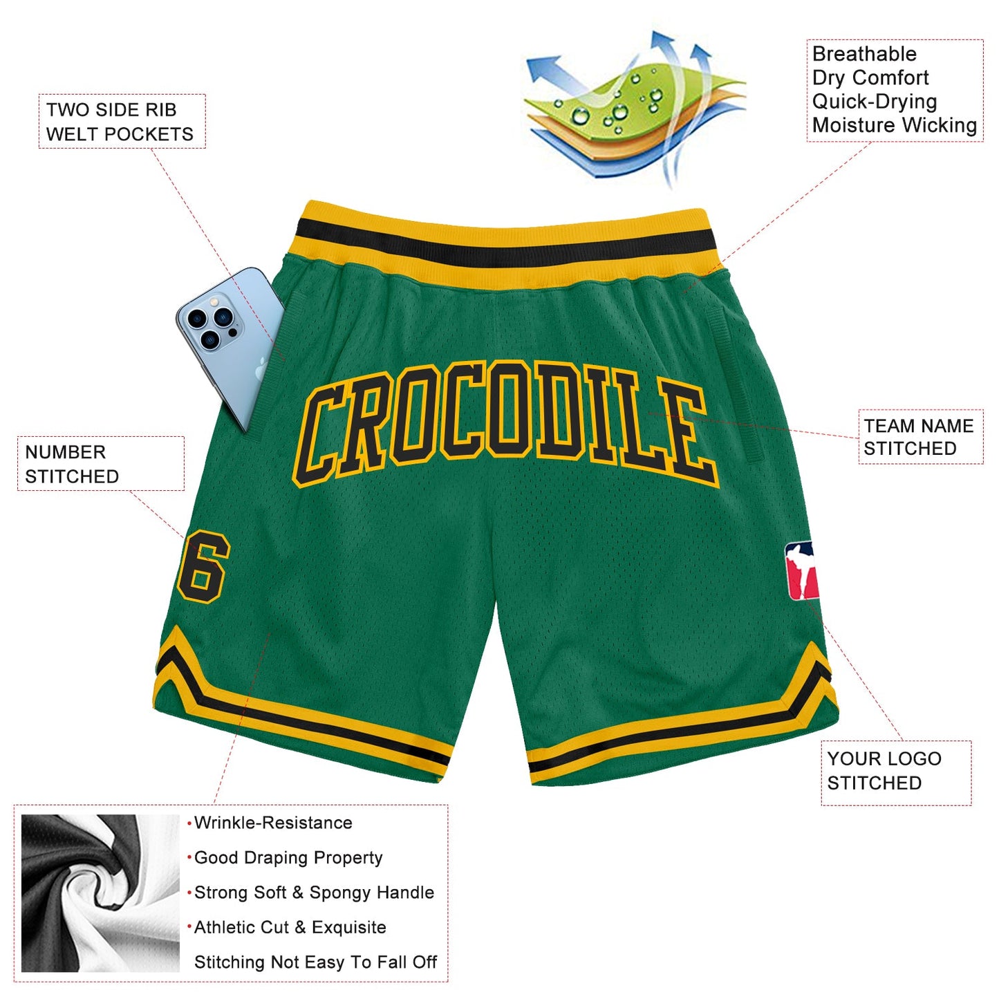 Custom Kelly Green Black-Gold Authentic Throwback Basketball Shorts view 2