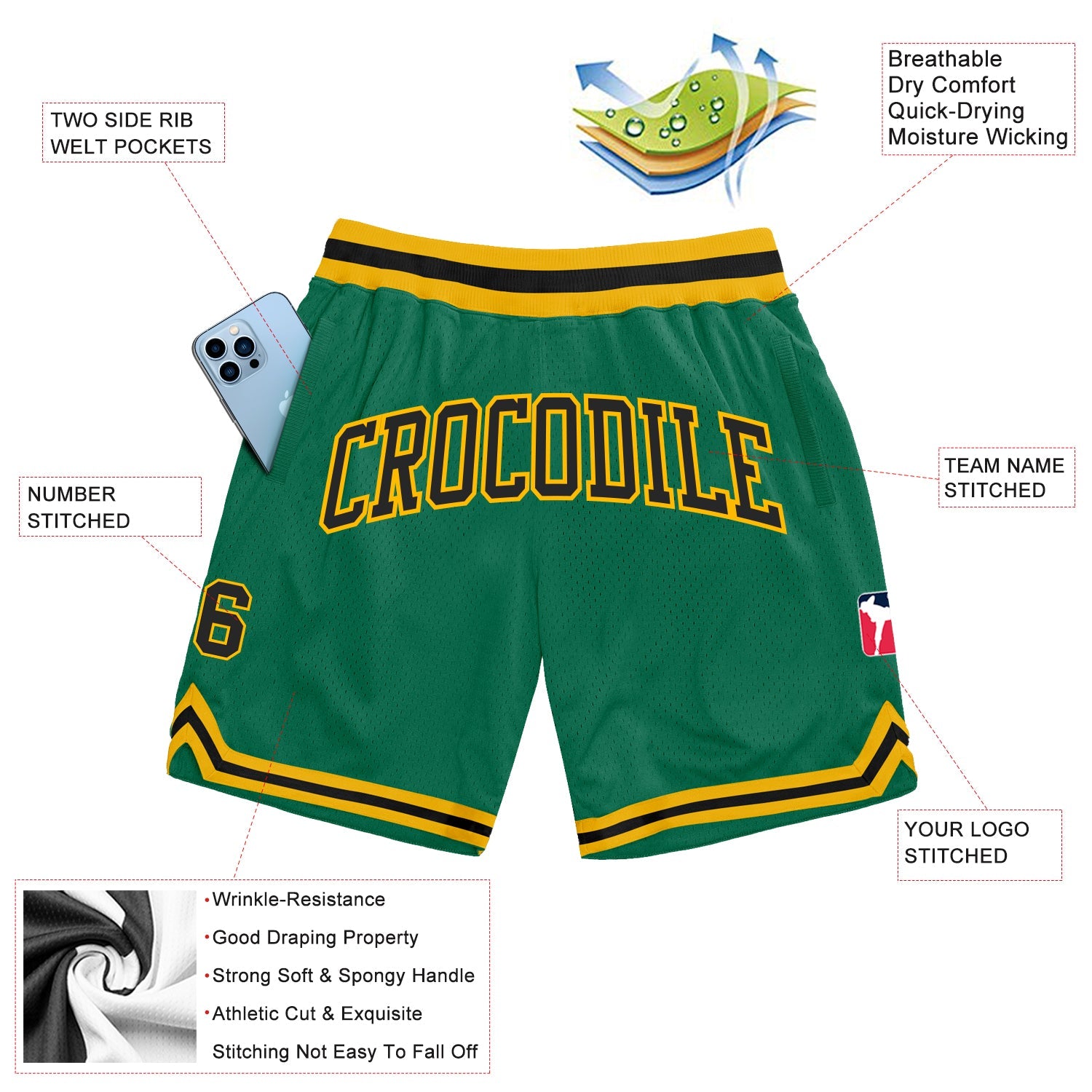Custom Kelly Green Black-Gold Authentic Throwback Basketball Shorts view 2
