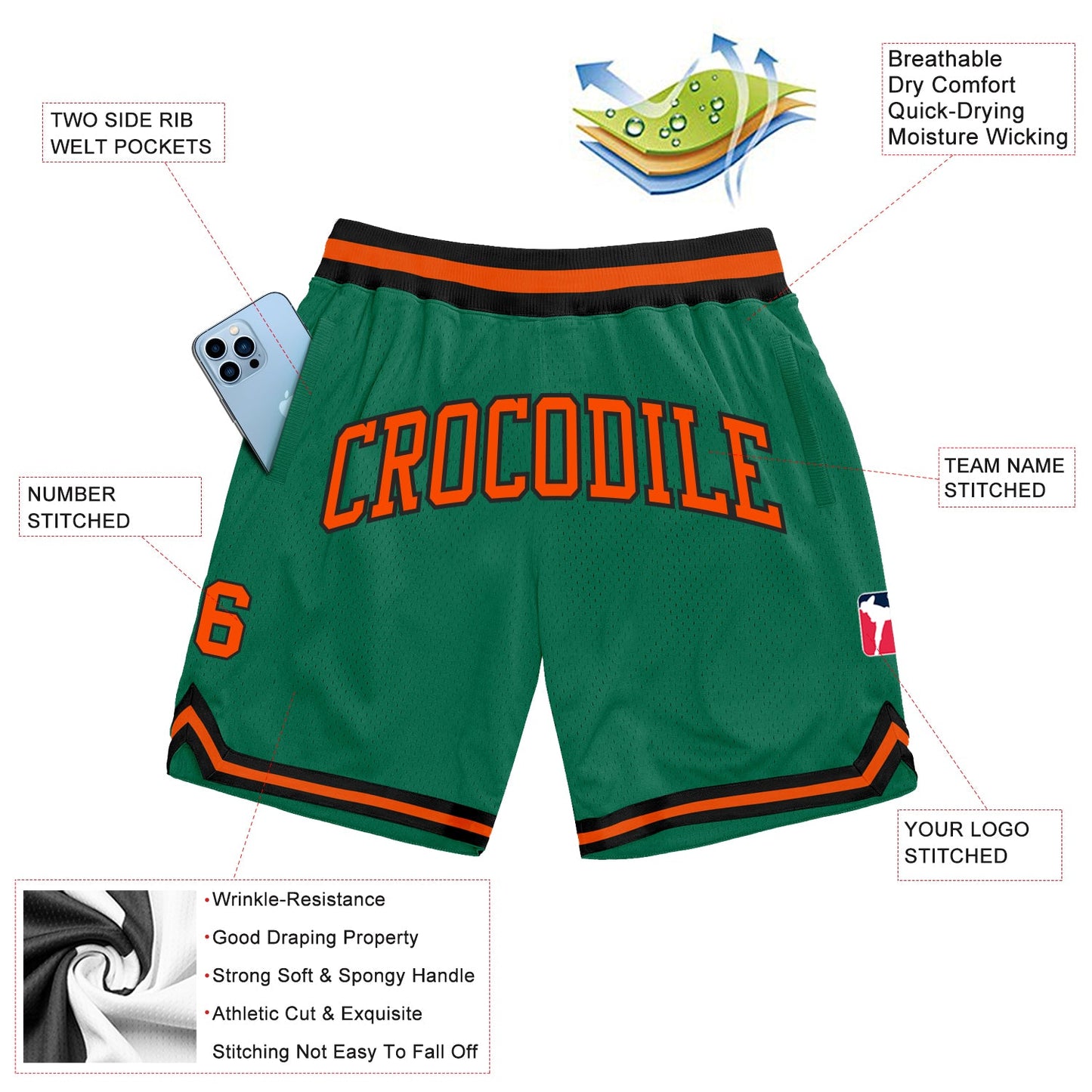 Custom Kelly Green Orange-Black Authentic Throwback Basketball Shorts view 2