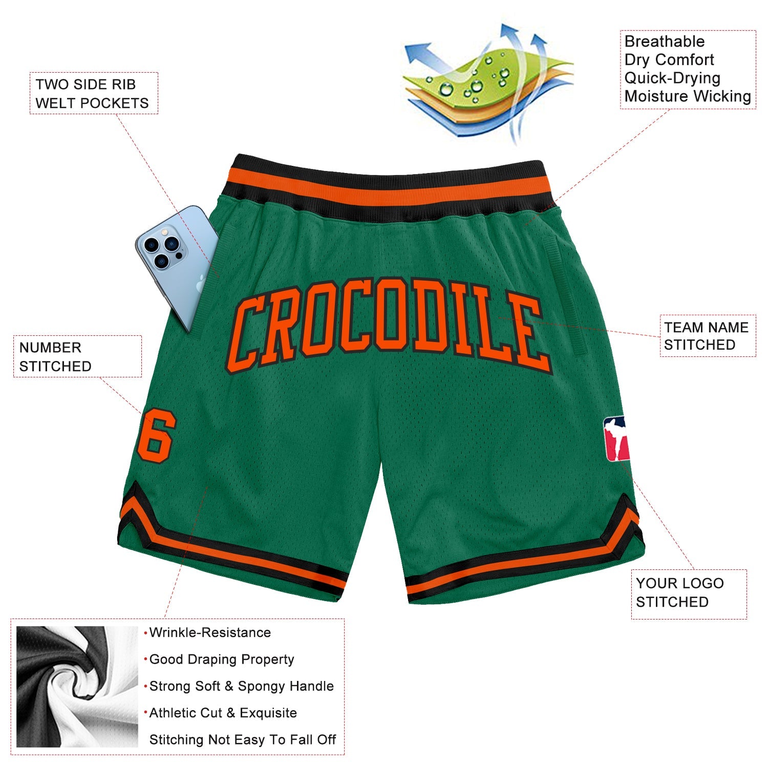 Custom Kelly Green Orange-Black Authentic Throwback Basketball Shorts view 2