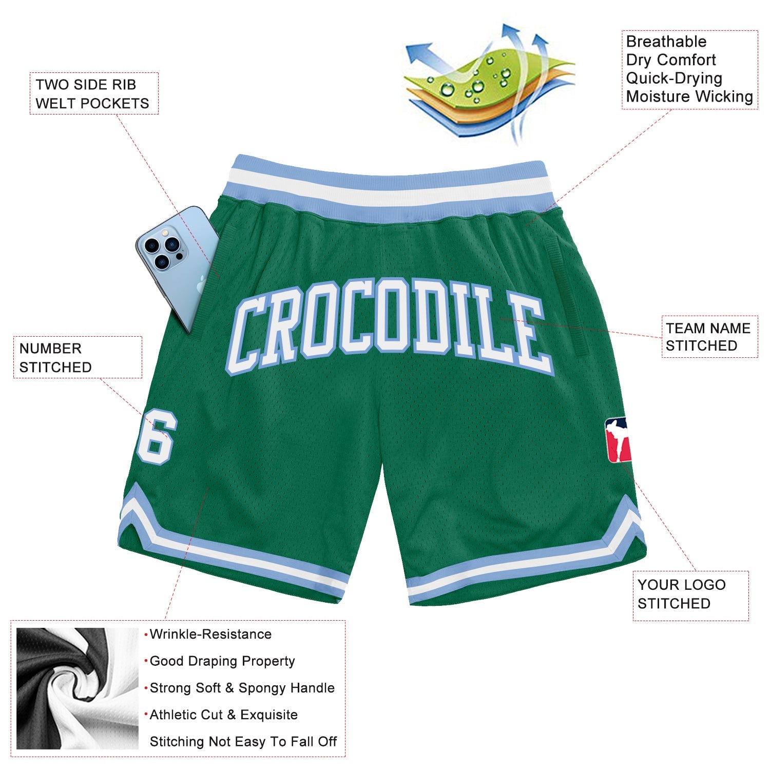 Custom Kelly Green White-Light Blue Authentic Throwback Basketball Shorts view 2