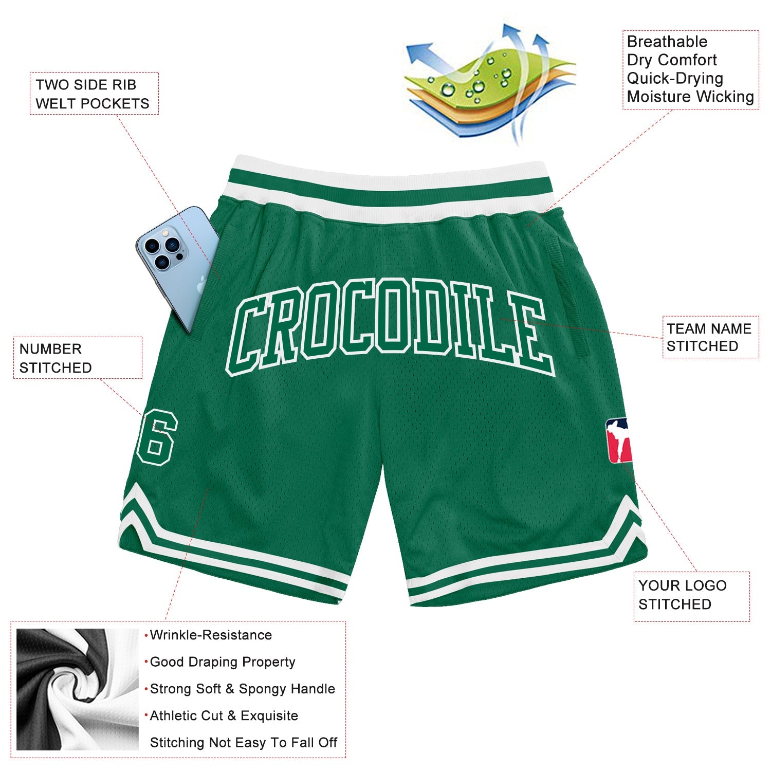 Custom Kelly Green Kelly Green-White Authentic Throwback Basketball Shorts view 2