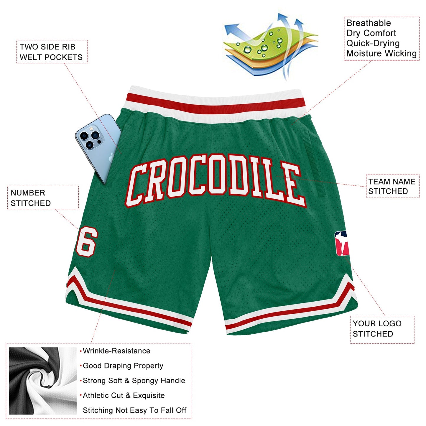 Custom Kelly Green White-Red Authentic Throwback Basketball Shorts view 2