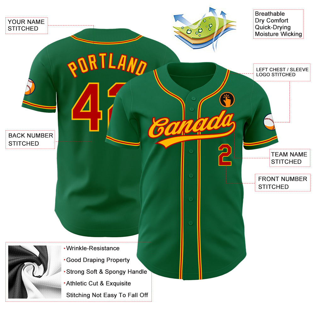 Custom Kelly Green Red-Gold Authentic Baseball Jersey view 3