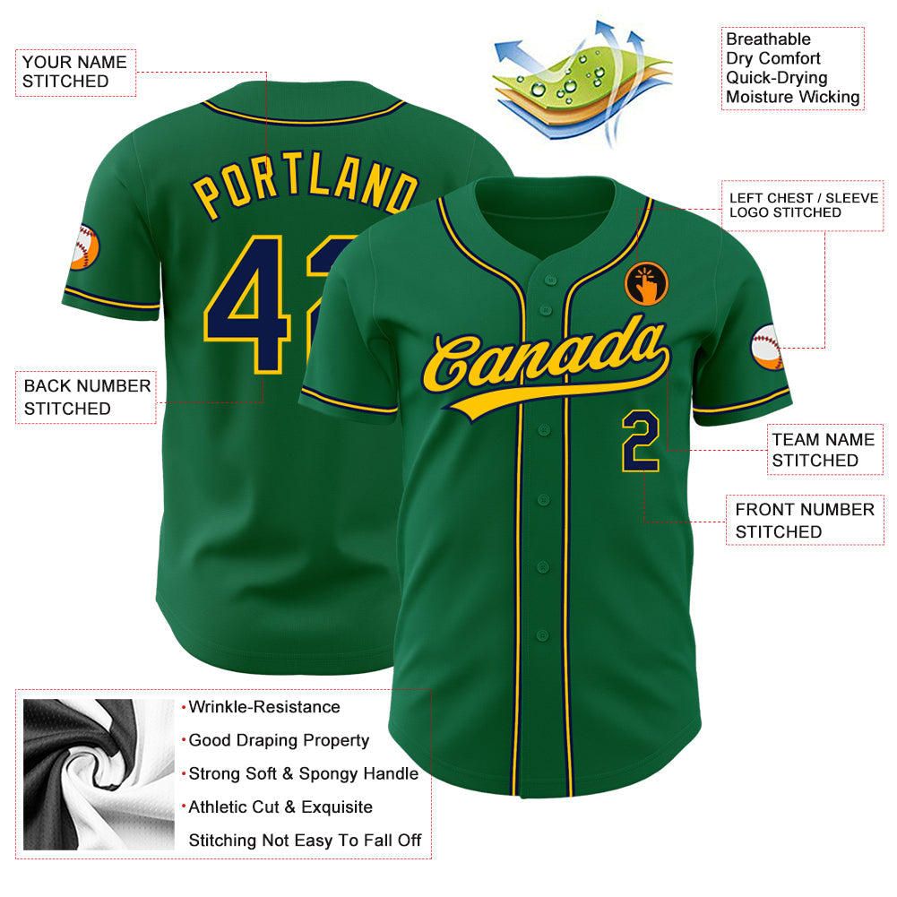 Custom Kelly Green Navy-Gold Authentic Baseball Jersey view 3