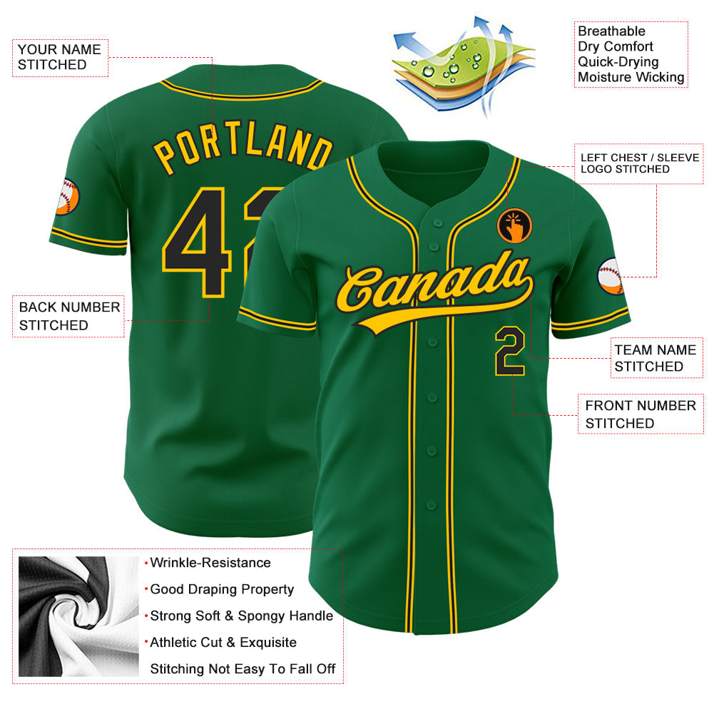 Custom Kelly Green Black-Gold Authentic Baseball Jersey view 3