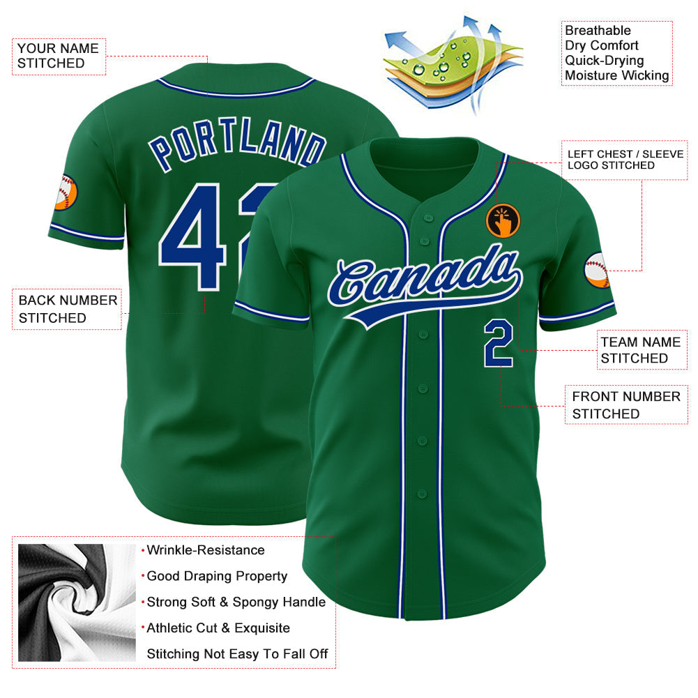 Custom Kelly Green Royal-White Authentic Baseball Jersey view 3