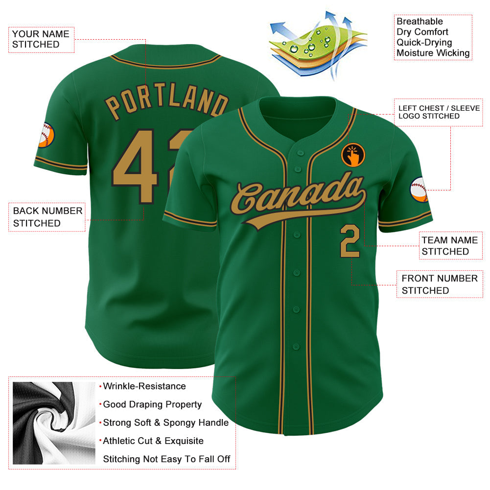Custom Kelly Green Old Gold-Black Authentic Baseball Jersey view 3