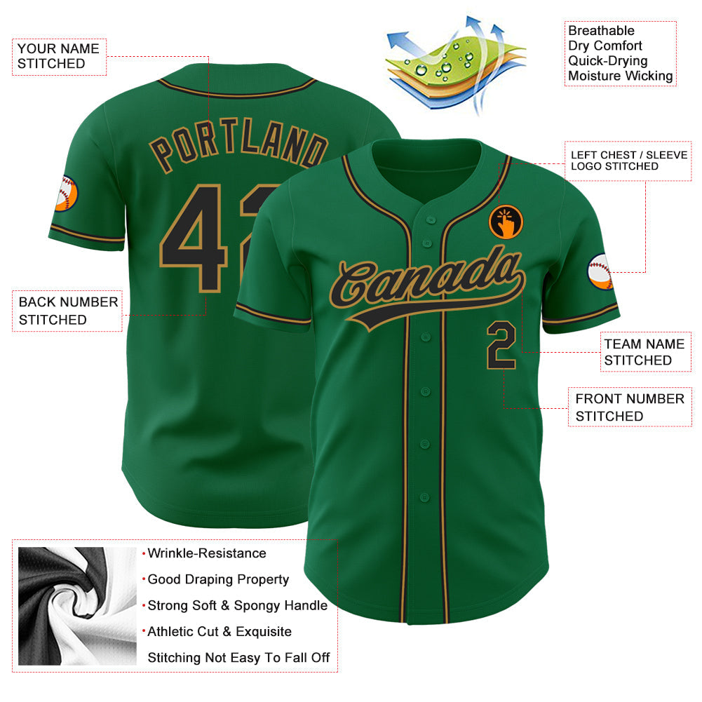 Custom Kelly Green Black-Old Gold Authentic Baseball Jersey view 3