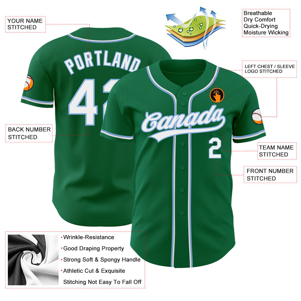 Custom Kelly Green White-Light Blue Authentic Baseball Jersey view 3