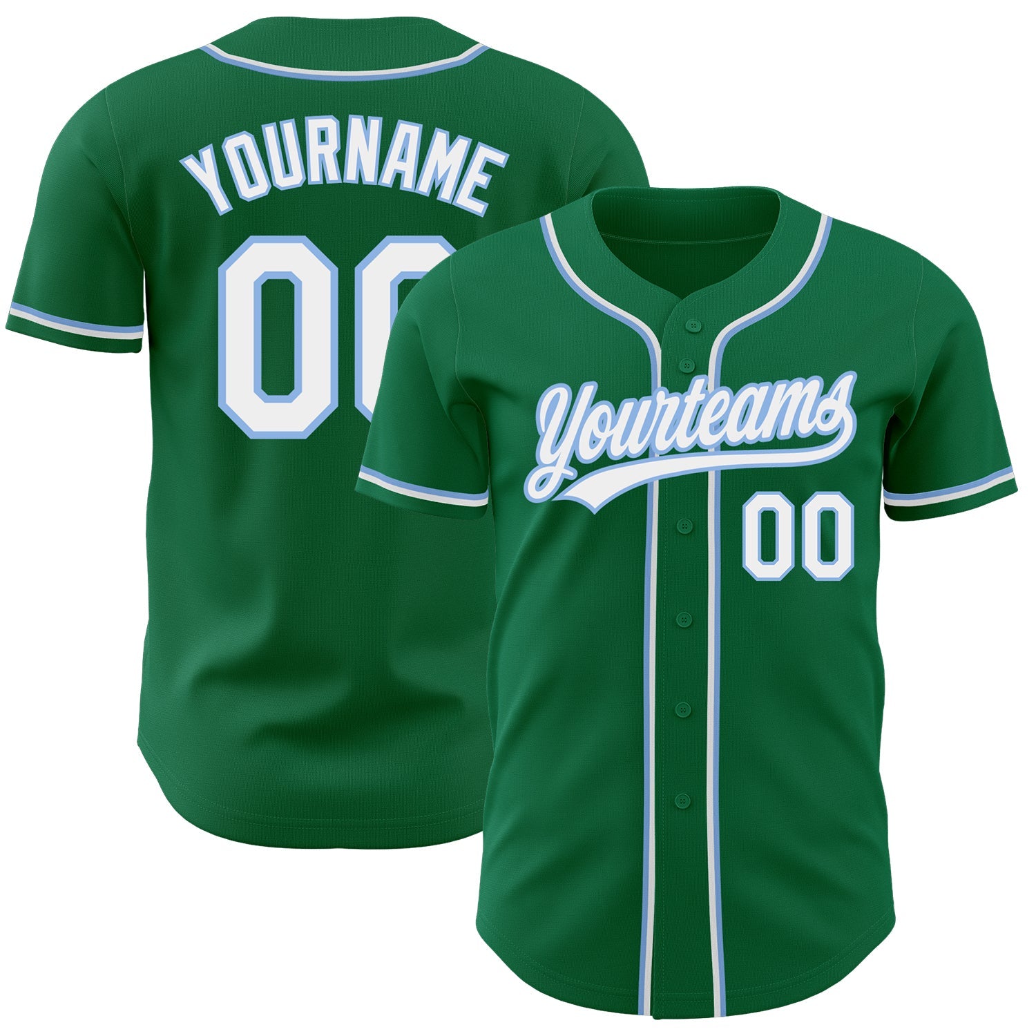 Custom Kelly Green White-Light Blue Authentic Baseball Jersey - Main View