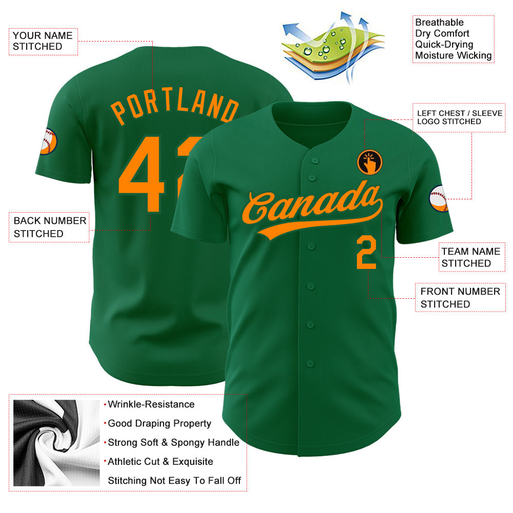 Custom Kelly Green Bay Orange Authentic Baseball Jersey view 3