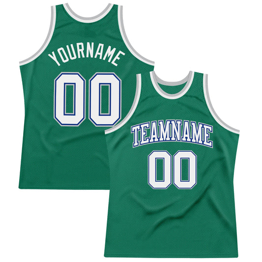 Custom Kelly Green White Royal-Gray Authentic Throwback Basketball Jersey - Main View