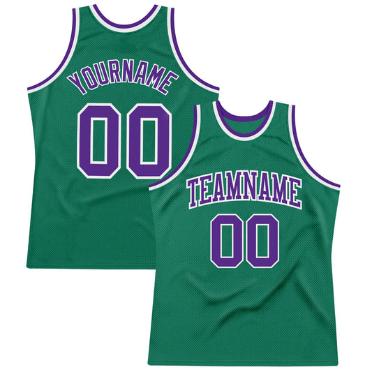 Custom Kelly Green Purple-White Authentic Throwback Basketball Jersey - Main View