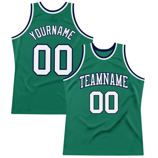 Custom Kelly Green White-Navy Authentic Throwback Basketball Jersey - Main View