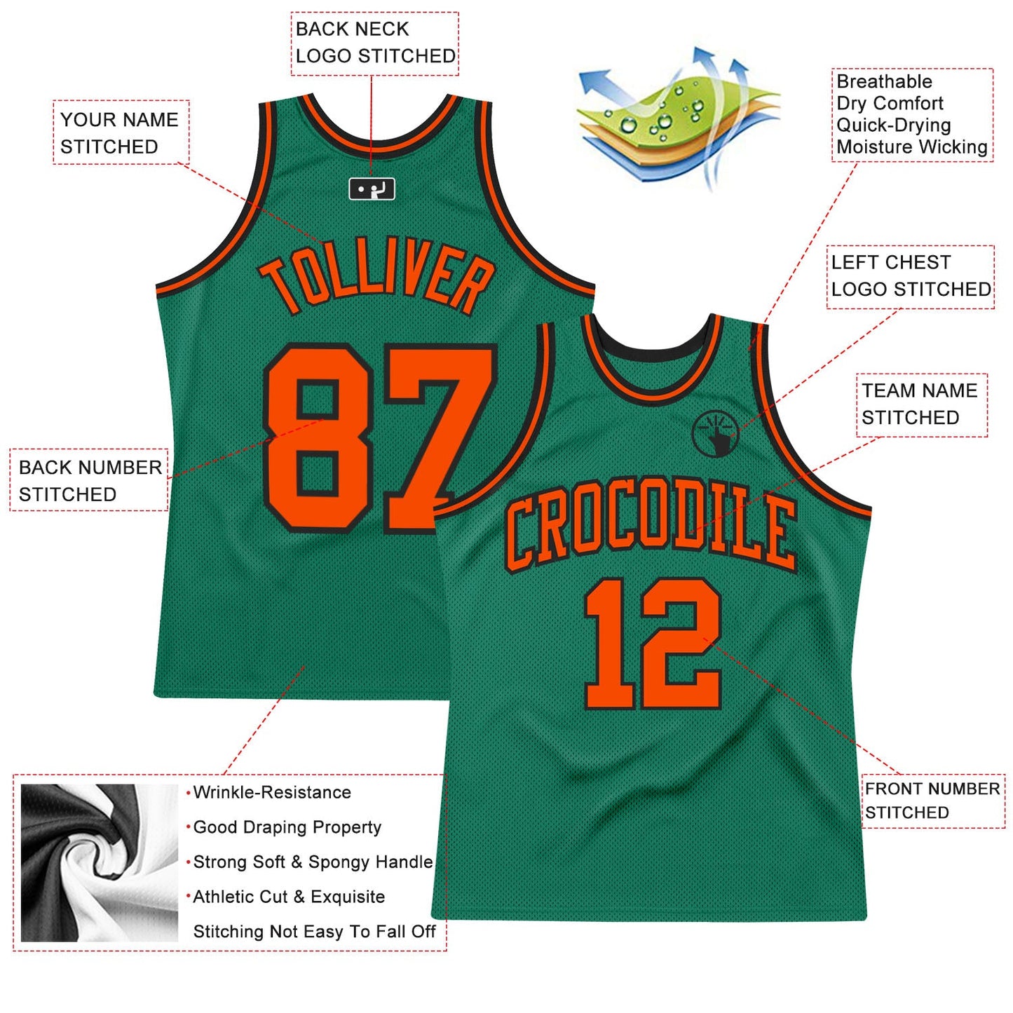 Custom Kelly Green Orange-Black Authentic Throwback Basketball Jersey view 2