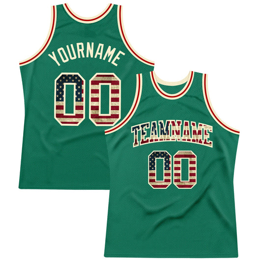 Custom Kelly Green Vintage USA Flag-Cream Authentic Throwback Basketball Jersey - Main View