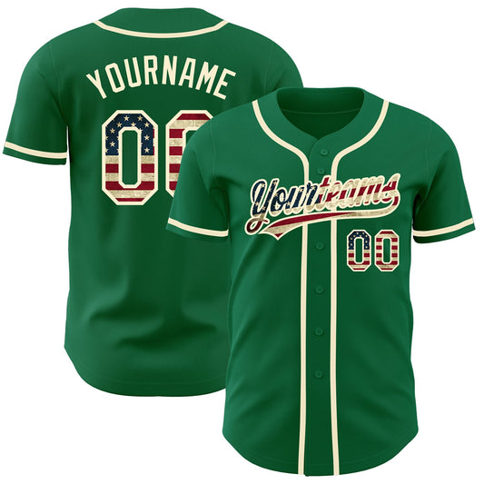 Custom Kelly Green Vintage USA Flag-Cream Authentic Baseball Jersey - Main View