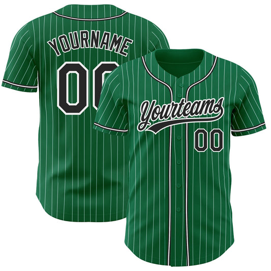 Custom Kelly Green White Pinstripe Black Authentic Baseball Jersey - Main View