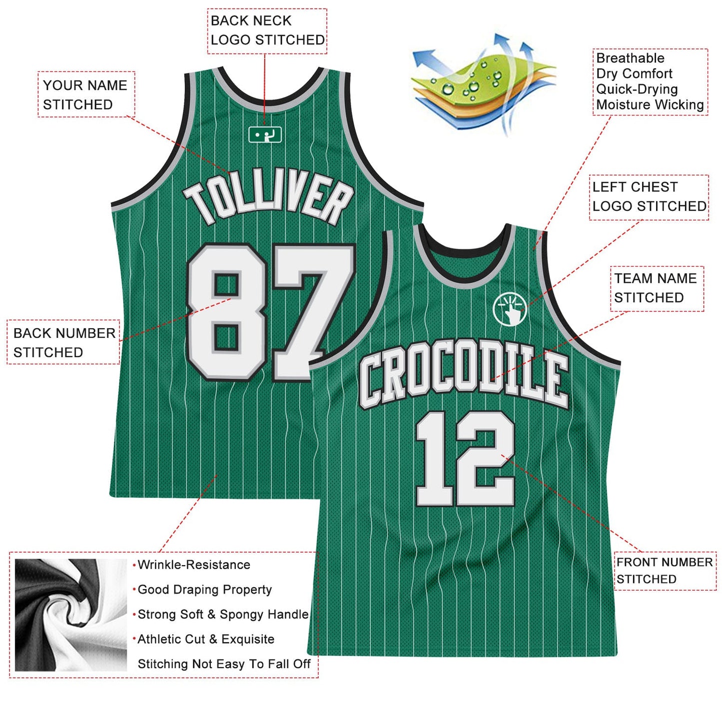 Custom Kelly Green White Pinstripe White Gray-Black Authentic Basketball Jersey view 2