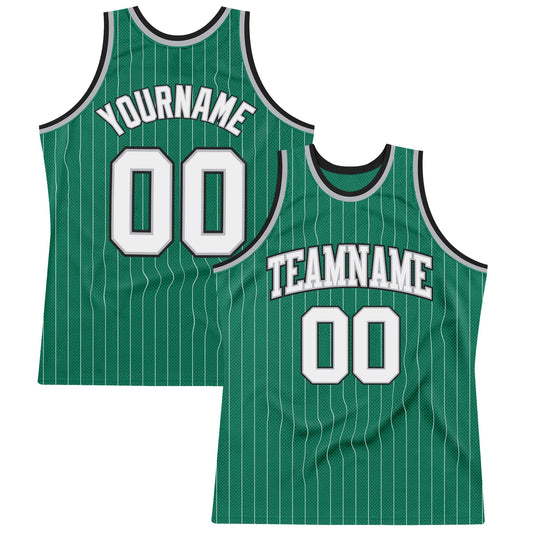 Custom Kelly Green White Pinstripe White Gray-Black Authentic Basketball Jersey - Main View