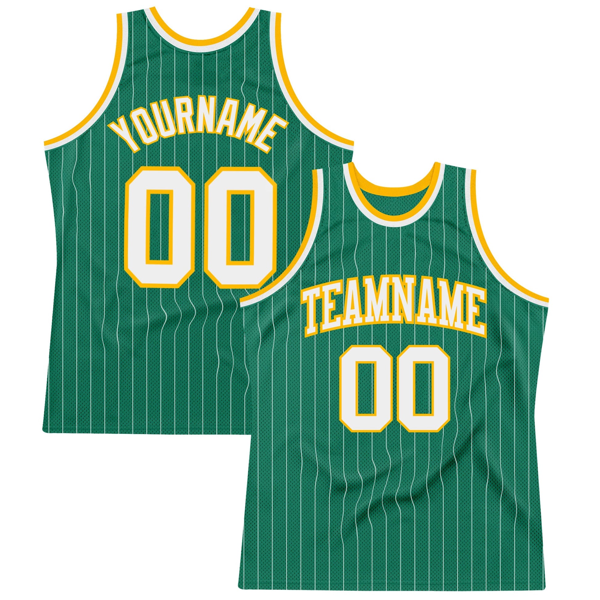 Custom Kelly Green White Pinstripe White-Gold Authentic Basketball Jersey - Main View