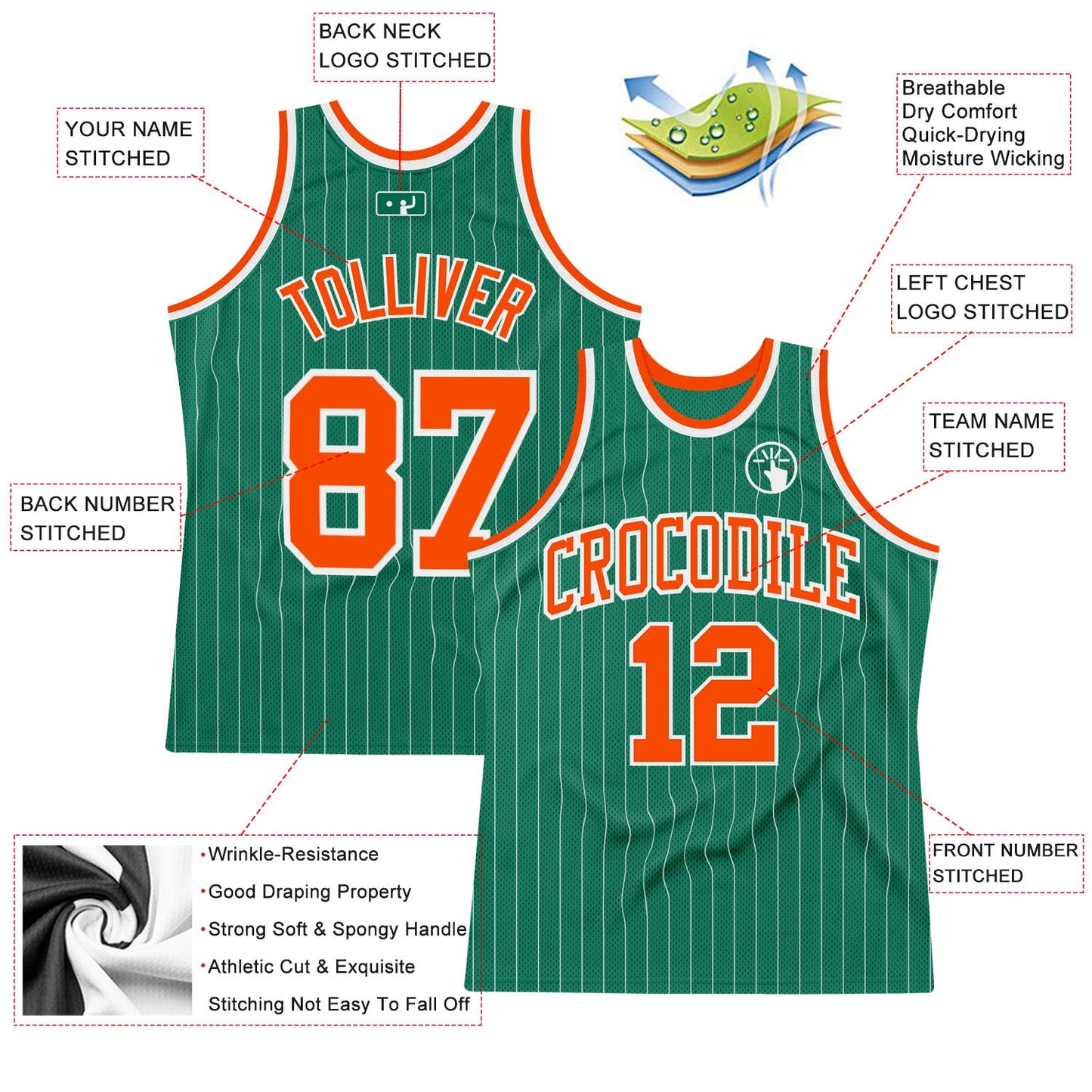 Custom Kelly Green White Pinstripe Orange Authentic Basketball Jersey view 2