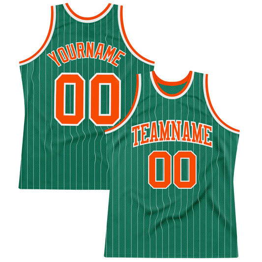 Custom Kelly Green White Pinstripe Orange Authentic Basketball Jersey - Main View