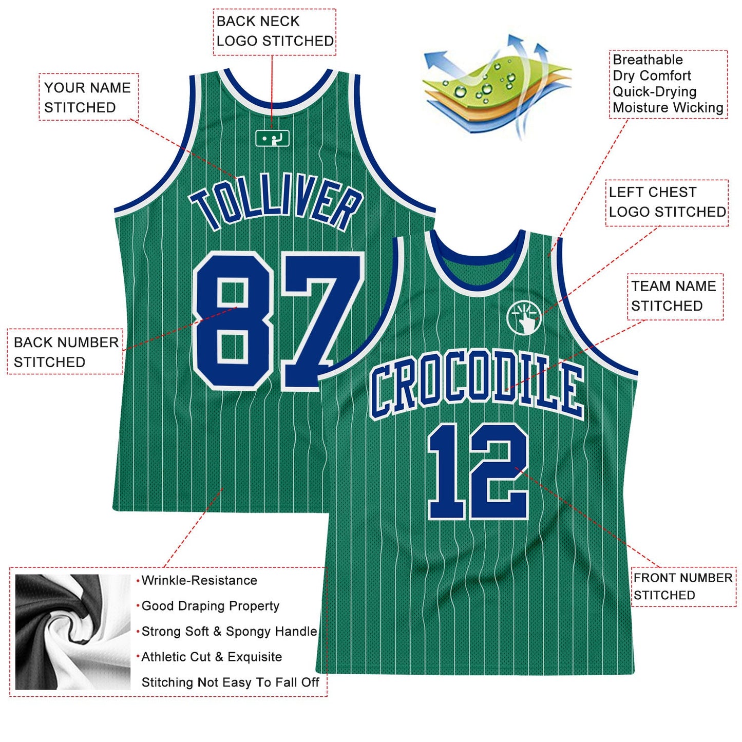 Custom Kelly Green White Pinstripe Royal Authentic Basketball Jersey view 2