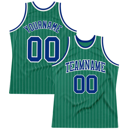 Custom Kelly Green White Pinstripe Royal Authentic Basketball Jersey - Main View