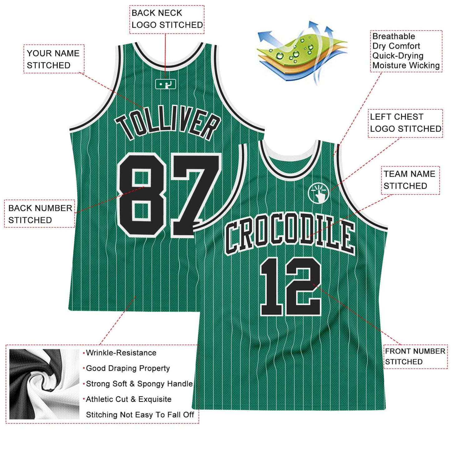 Custom Kelly Green White Pinstripe Black Authentic Basketball Jersey view 2