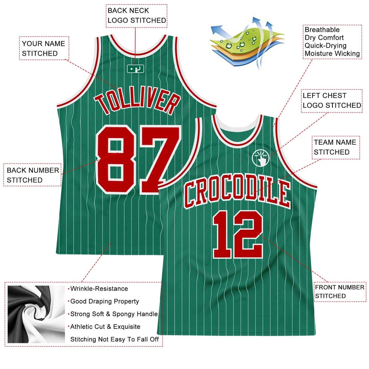 Custom Kelly Green White Pinstripe Red Authentic Basketball Jersey view 2