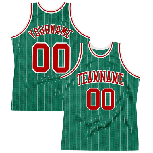 Custom Kelly Green White Pinstripe Red Authentic Basketball Jersey - Main View