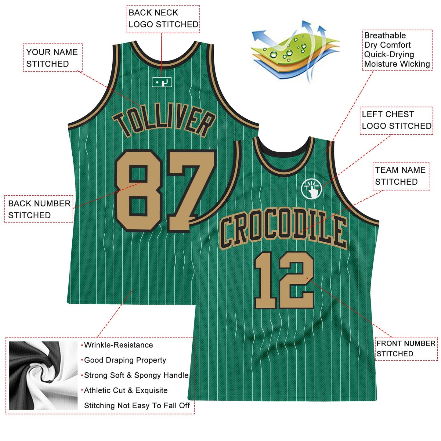 Custom Kelly Green White Pinstripe Old Gold-Black Authentic Basketball Jersey view 2
