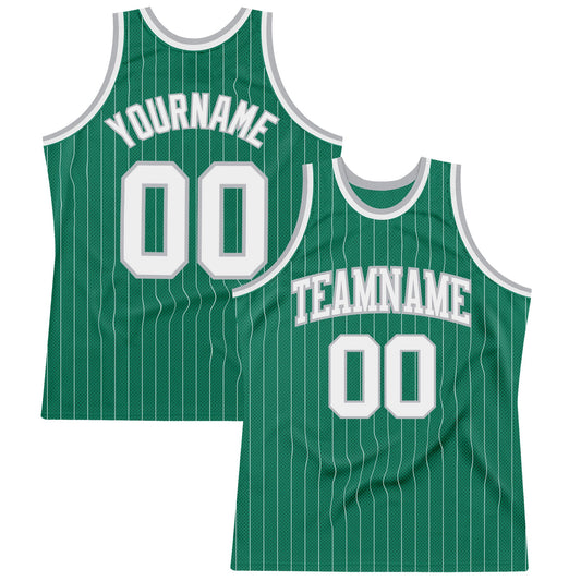 Custom Kelly Green White Pinstripe White-Gray Authentic Basketball Jersey - Main View