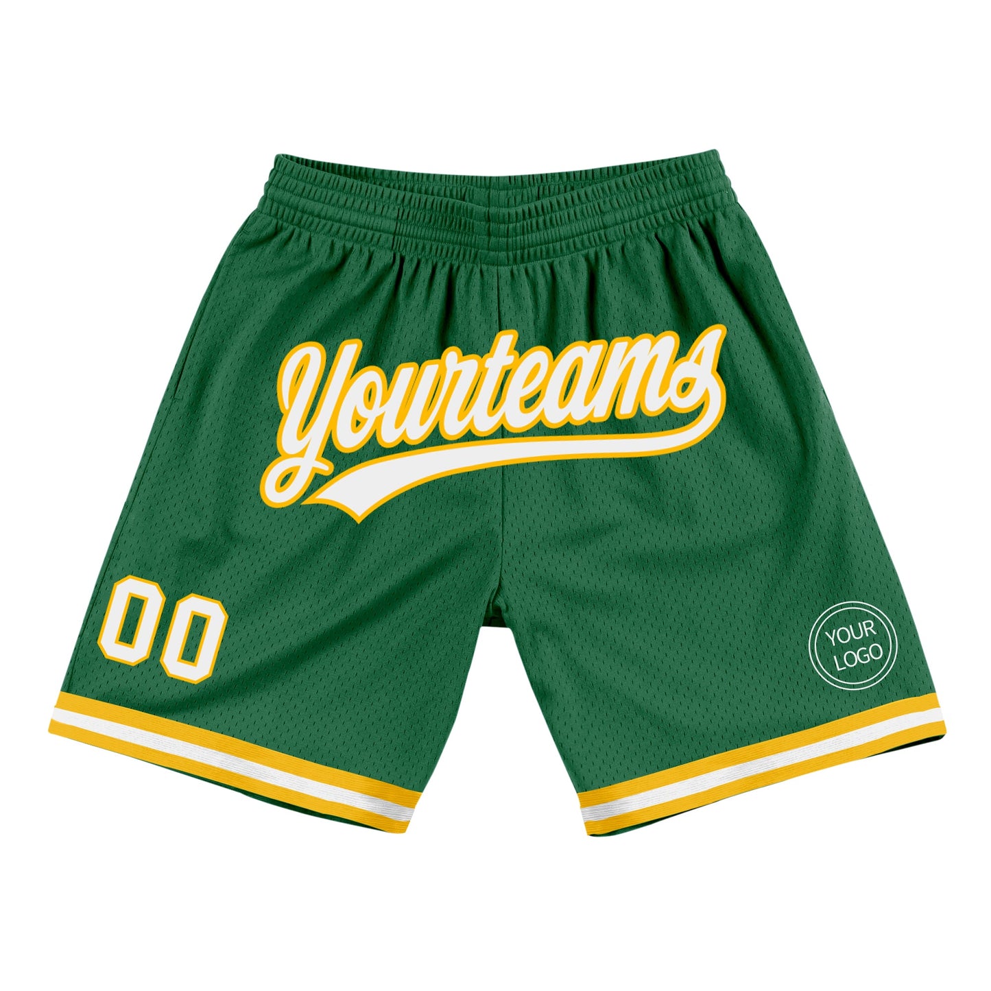 Custom Kelly Green White-Gold Authentic Throwback Basketball Shorts - Main View