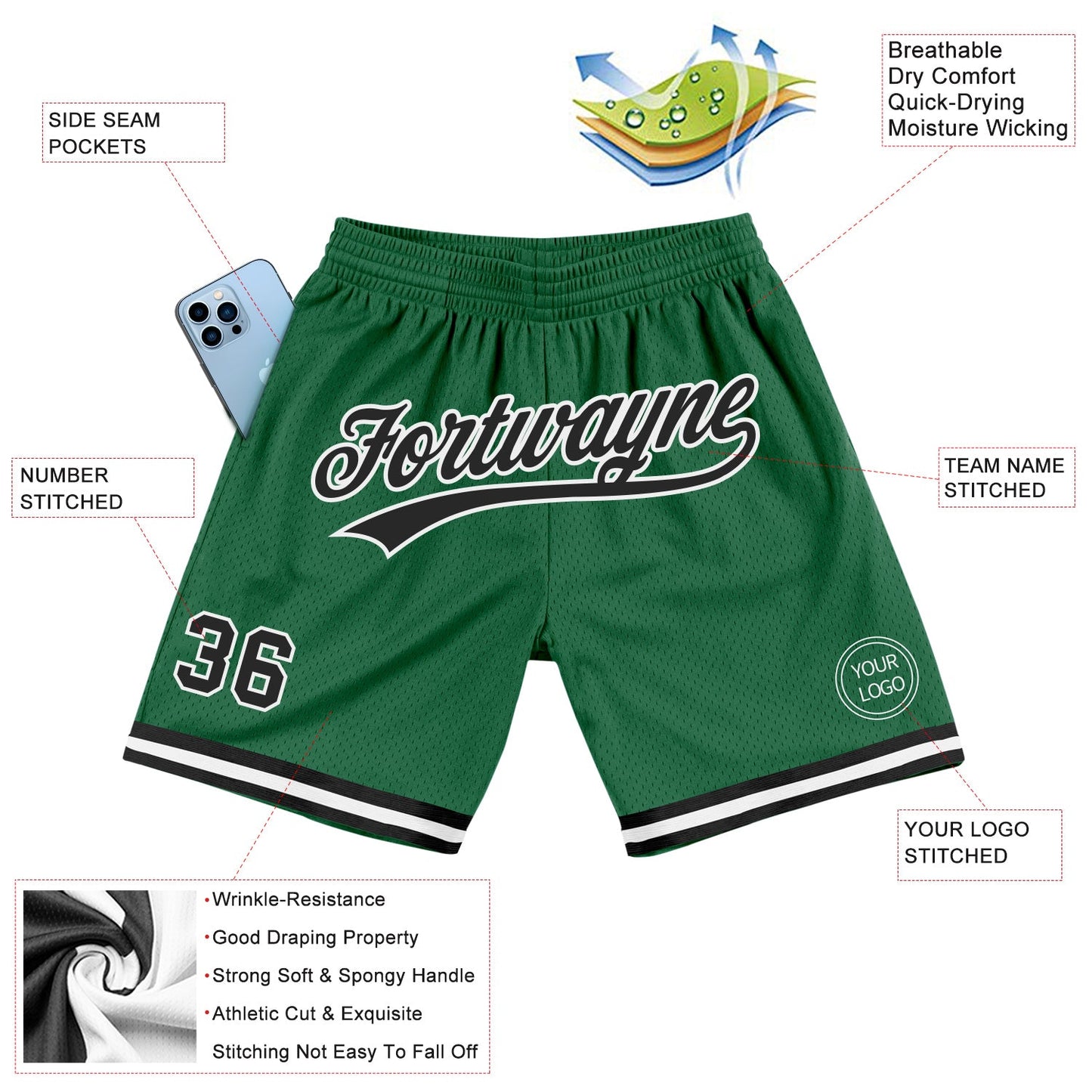 Custom Kelly Green Black-White Authentic Throwback Basketball Shorts view 2