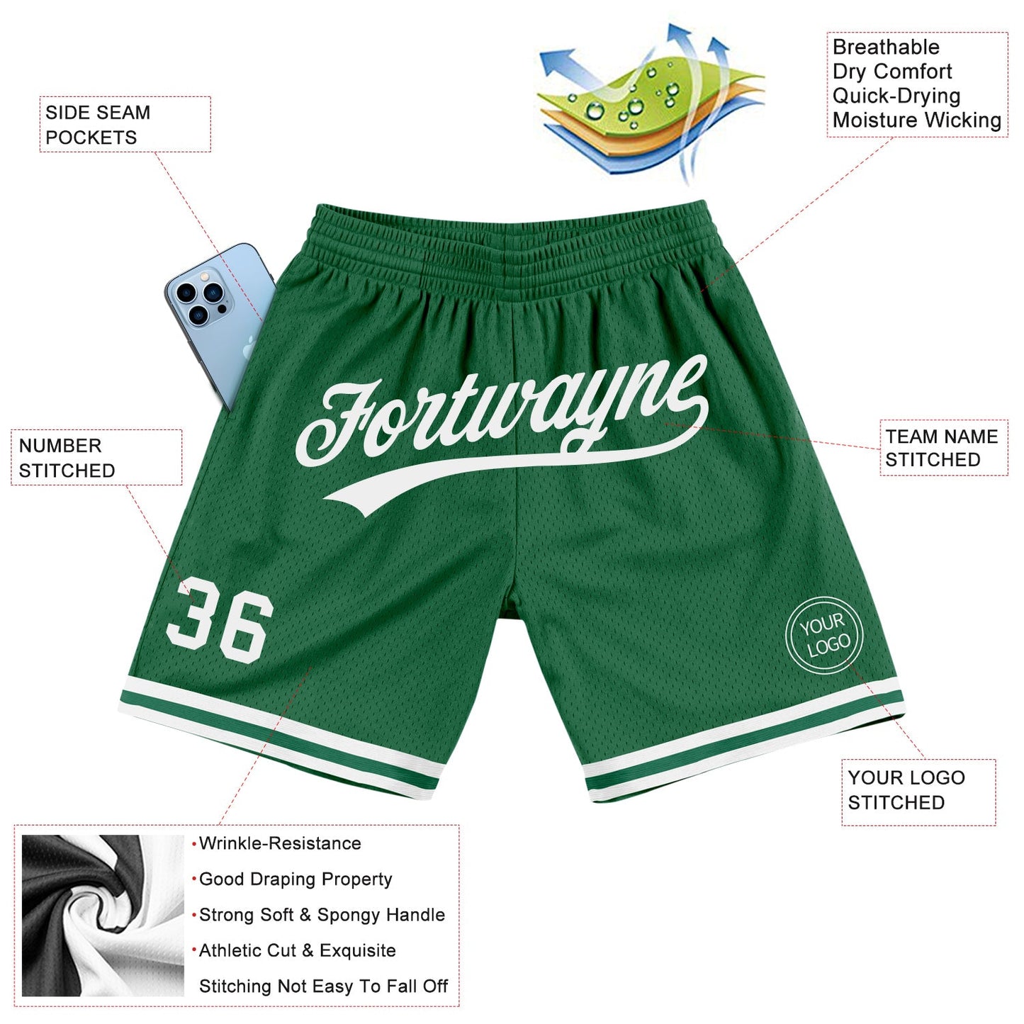 Custom Kelly Green White Authentic Throwback Basketball Shorts view 2