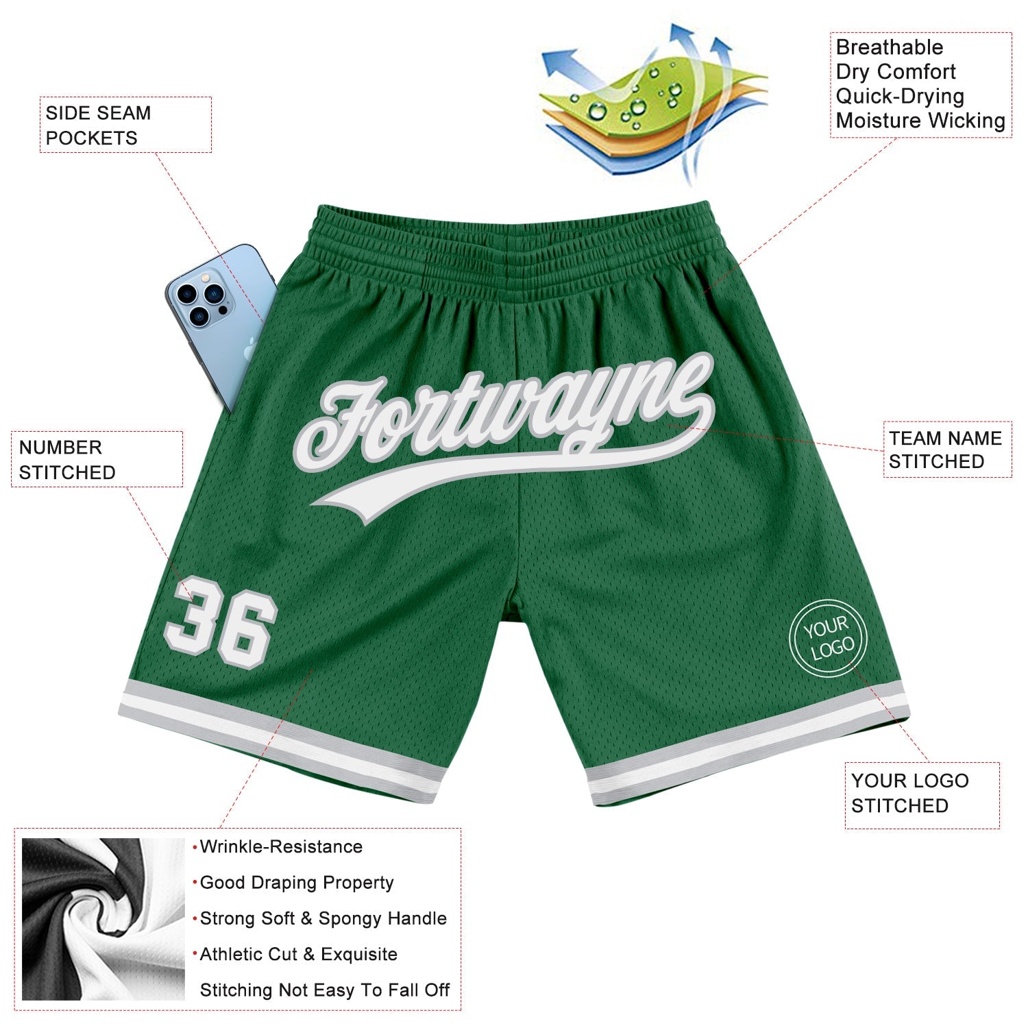 Custom Kelly Green White-Gray Authentic Throwback Basketball Shorts view 2