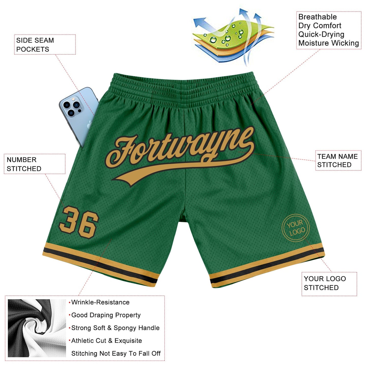 Custom Kelly Green Old Gold-Black Authentic Throwback Basketball Shorts view 2
