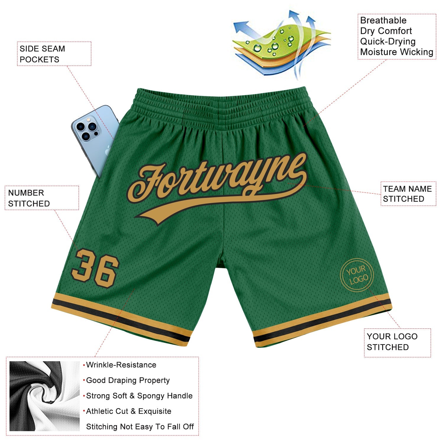 Custom Kelly Green Old Gold-Black Authentic Throwback Basketball Shorts view 2