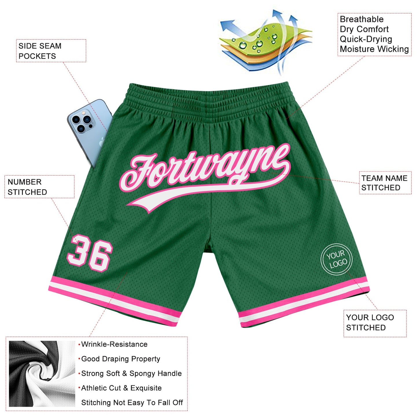 Custom Kelly Green White-Pink Authentic Throwback Basketball Shorts view 2