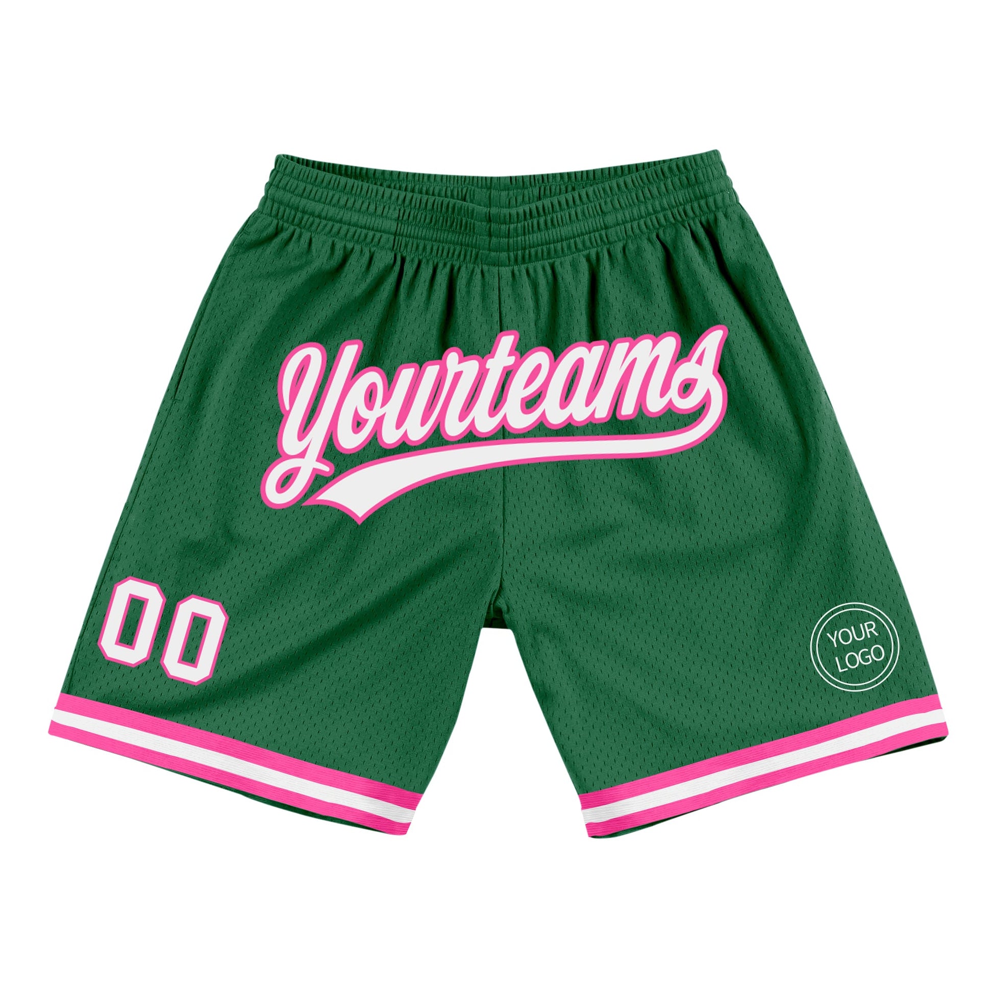Custom Kelly Green White-Pink Authentic Throwback Basketball Shorts - Main View