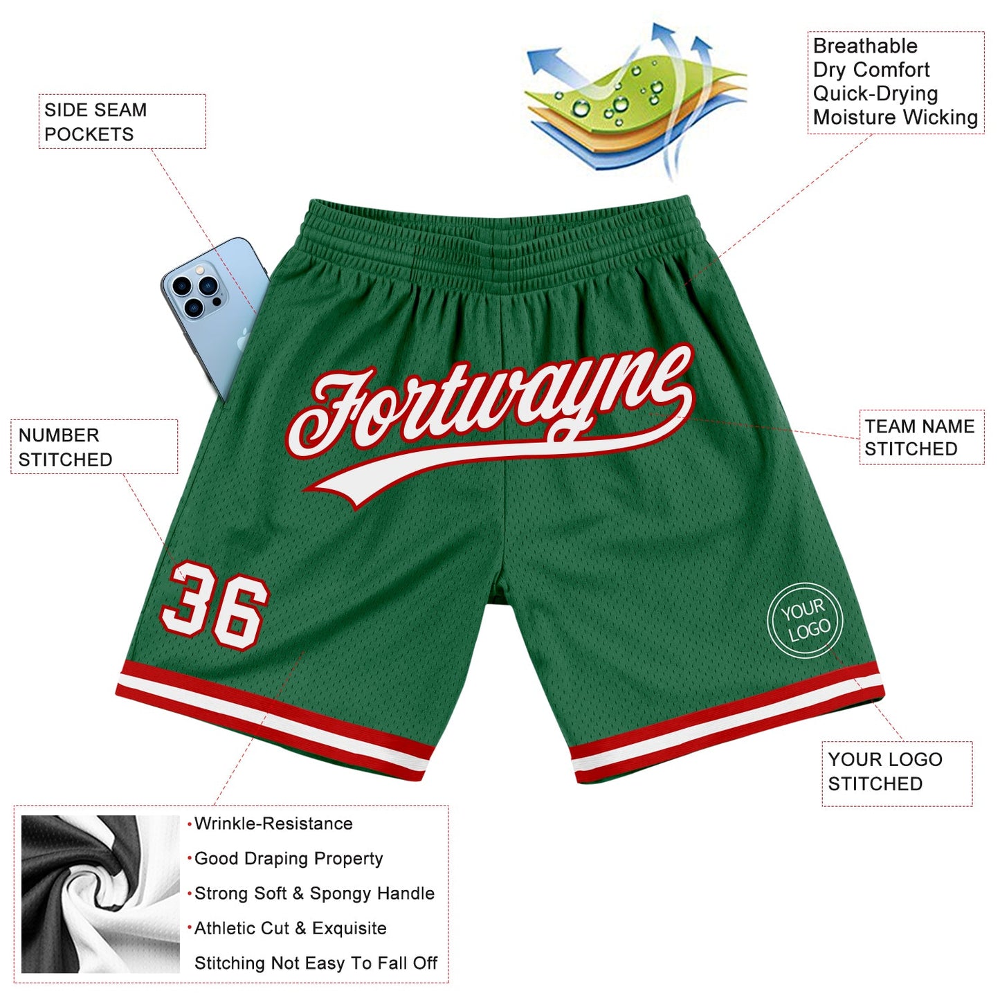 Custom Kelly Green White-Red Authentic Throwback Basketball Shorts view 2