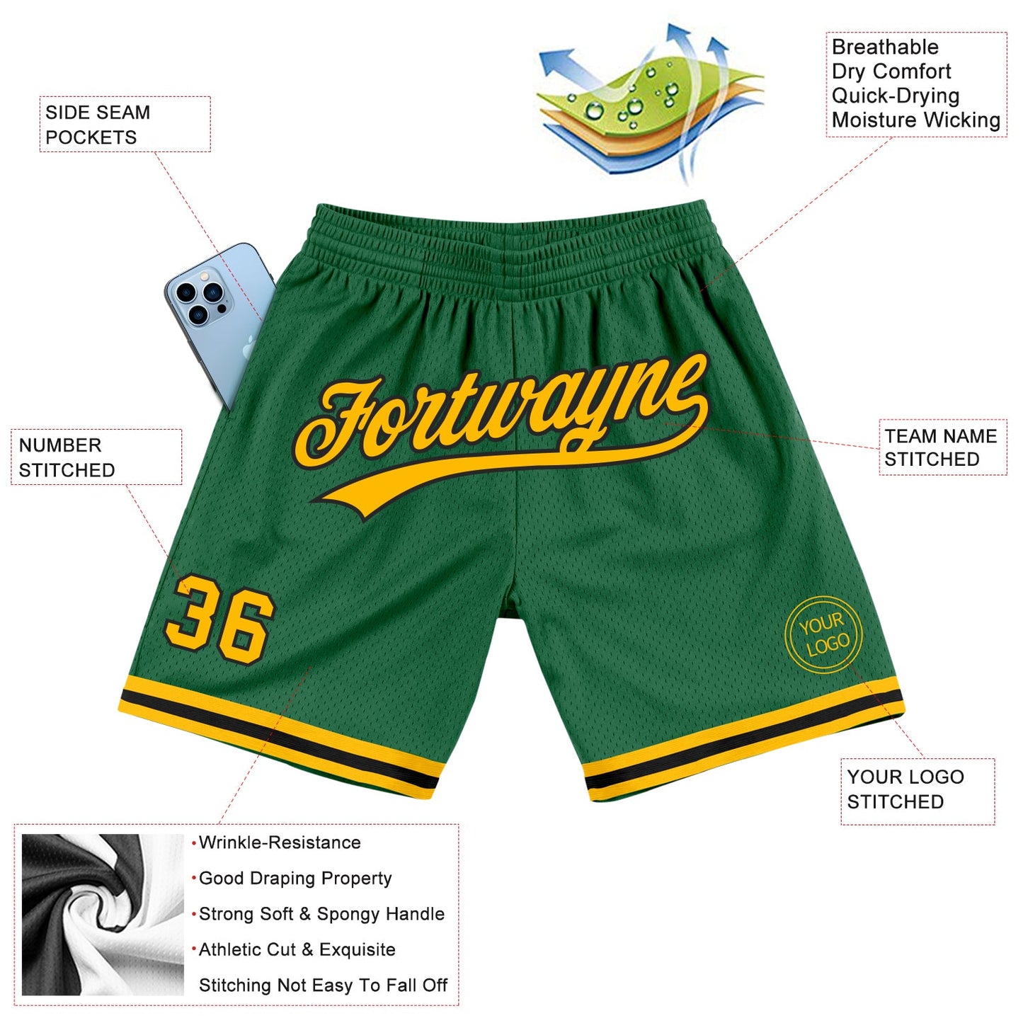 Custom Kelly Green Gold-Black Authentic Throwback Basketball Shorts view 2