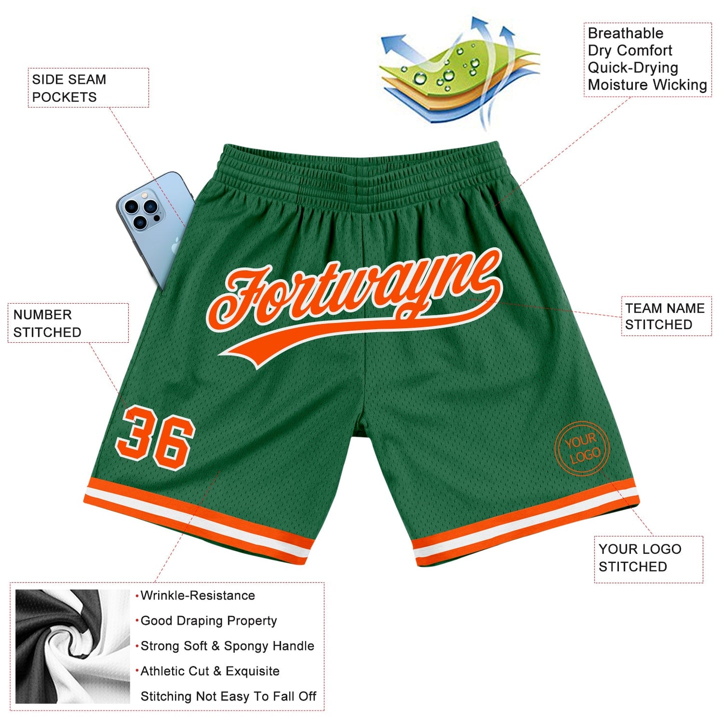 Custom Kelly Green Orange-White Authentic Throwback Basketball Shorts view 2